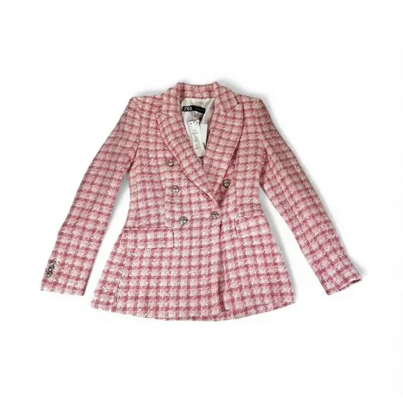 Gorgeous NEW Zara pink tweed blazer jacket | Zara work career blazer size XS - Picture 4 of 11
